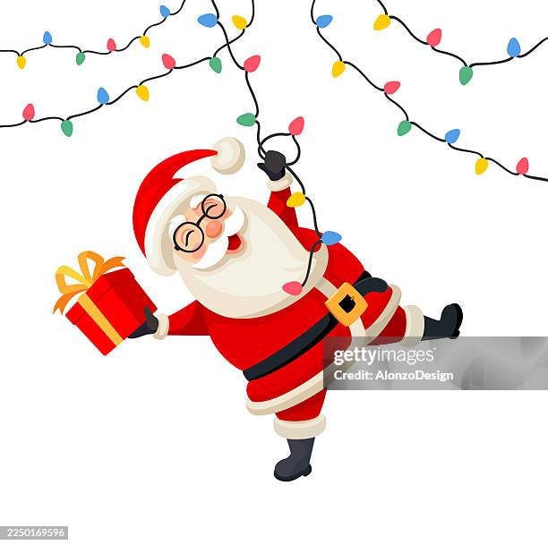 santa claus hanging on christmas light cable. - old man running stock illustrations
