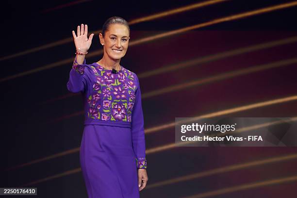 Claudia Sheinbaum, President of Mexico, walks on stage during the FIFA World Cup 2026 Official Draw at John F. Kennedy Center for the Performing Arts...