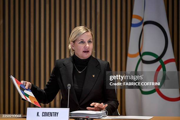 International Olympic Committee president Kirsty Coventry speaks during the opening of an IOC executive commission meeting at the Olympic House in...