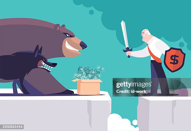 ilustraciones, imágenes clip art, dibujos animados e iconos de stock de empresario senior armado encontrándose con oso y lobo junto a un cartón de billetes en el acantilado - problemas de parejas
