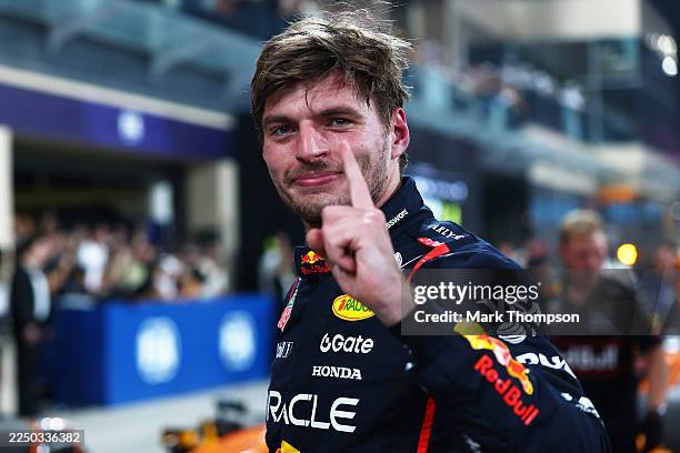 Pole position qualifier Max Verstappen of the Netherlands and Oracle Red Bull Racing celebrates in parc ferme during qualifying ahead of the F1 Grand...