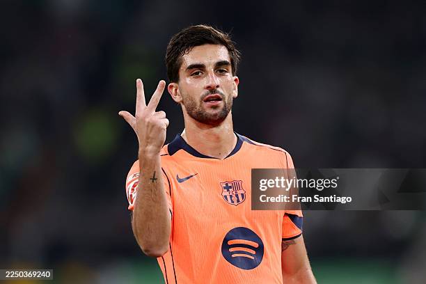 Ferran Torres of FC Barcelona celebrates scoring his team's fourth goal, completing his hat-trick, during the LaLiga EA Sports match between Real...
