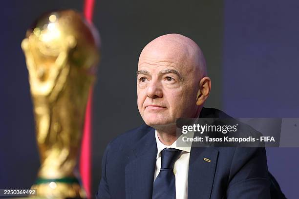 Gianni Infantino, President of FIFA, looks on during the FIFA World Cup 2026 official match schedule announcement on December 06, 2025 in Washington,...