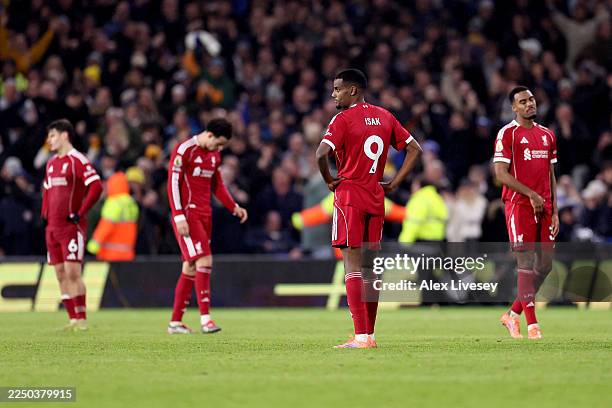 Alexander Isak of Liverpool looks dejected after conceding a late equalising goal during the Premier League match between Leeds United and Liverpool...