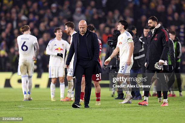 Arne Slot, Manager of Liverpool, looks dejected after his side draws in the Premier League match between Leeds United and Liverpool at Elland Road on...