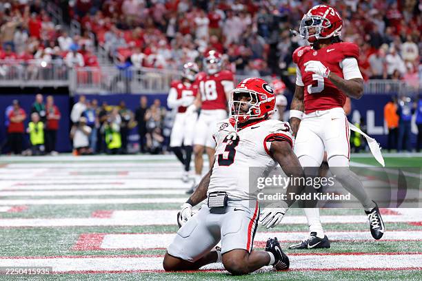 Nate Frazier of the Georgia Bulldogs celebrates after scoring a touchdown against the Alabama Crimson Tide during the third quarter in the 2025 SEC...