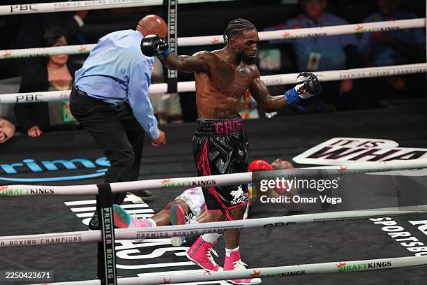 Frank Martin celebrates after knocking out Rances Barthelemy during their Super Lightweights bout at Frost Bank Center on December 6, 2025 in San...