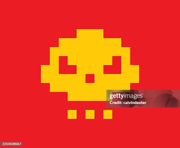 retro pixel art style human skull icon symbol - network security breach stock illustrations