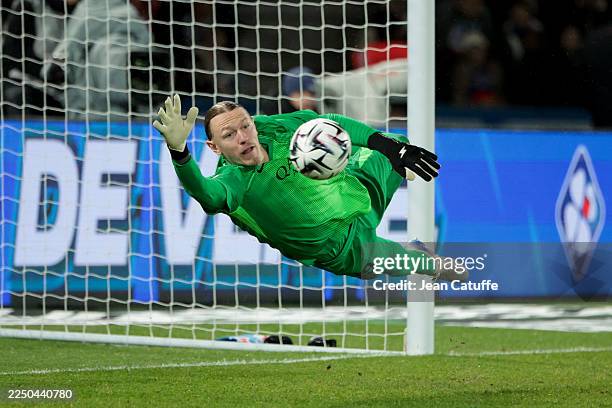 Goalkeeper Matvey Safonov during the Ligue 1 McDonald's football match between Paris Saint-Germain and Stade Rennais at Parc des Princes stadium on...