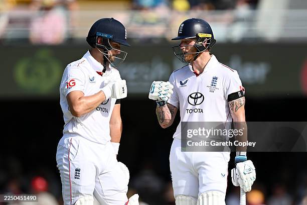 Will Jacks and Ben Stokes of England during day four of the Second 2025/26 Ashes Series Test Match between Australia and England at The Gabba on...