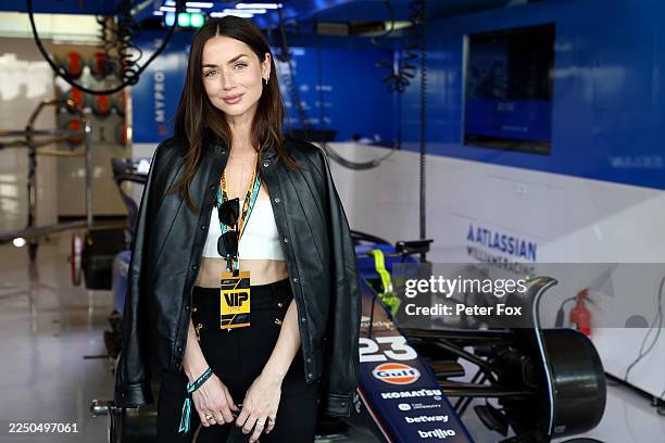 Ana de Armas visits the Williams garage prior to the F1 Grand Prix of Abu Dhabi at Yas Marina Circuit on December 07, 2025 in Abu Dhabi, United Arab...