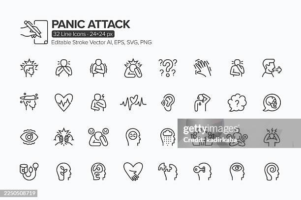 panic attack line icon set · 32 icons - nausea stock illustrations