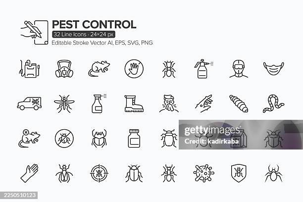 ilustraciones, imágenes clip art, dibujos animados e iconos de stock de conjunto de iconos de línea de control de plagas · 32 iconos - mosquito