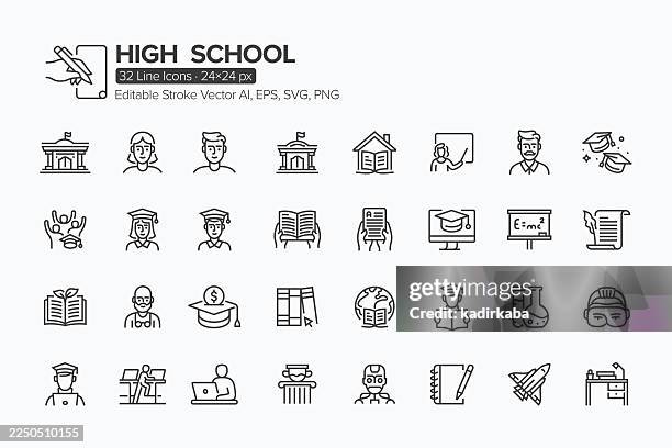ilustraciones, imágenes clip art, dibujos animados e iconos de stock de conjunto de iconos de línea de instituto · 32 iconos - beca