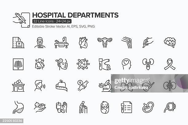 ilustraciones, imágenes clip art, dibujos animados e iconos de stock de conjunto de iconos de líneas de los departamentos hospitalarios · 32 iconos - cardiólogo