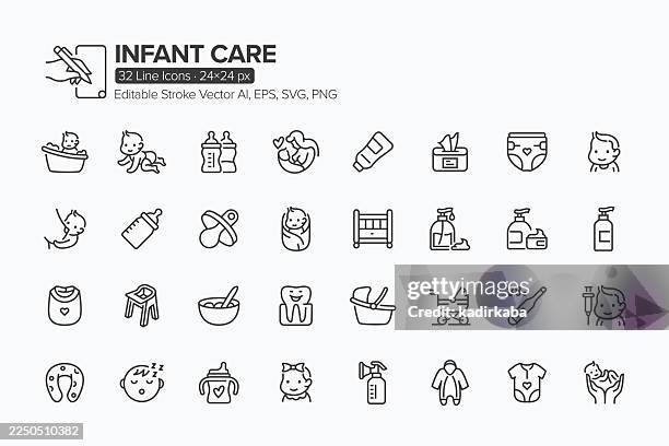 infant care line icon set · 32 icons - baby wipe stock illustrations