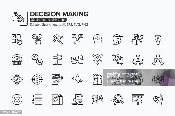 decision making line icon set · 32 icons - verdict stock illustrations