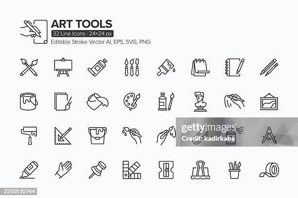 art tools line icon set · 32 icons - paint tube stock illustrations