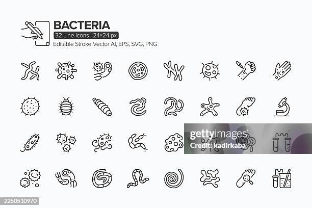 bakterien-linien-icon-set · 32 ikonen - bifidobacterium stock-grafiken, -clipart, -cartoons und -symbole
