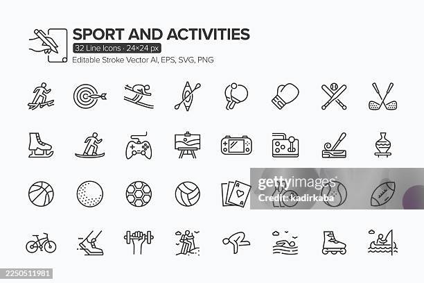 ilustraciones, imágenes clip art, dibujos animados e iconos de stock de conjunto de iconos de la línea de deportes y actividades · 32 iconos - actividades recreativas
