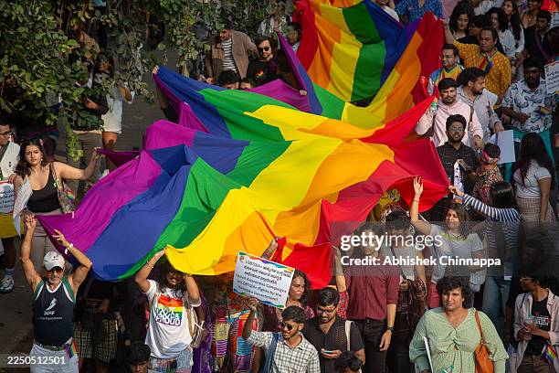 Members of the LGBTQIA+ community participate in the annual pride parade on December 07, 2025 in Bengaluru, India.