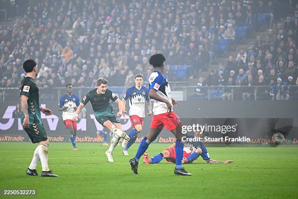 Jens Stage of SV Werder Bremen scores his team's first goal during the Bundesliga match between Hamburger SV and SV Werder Bremen at Volksparkstadion...