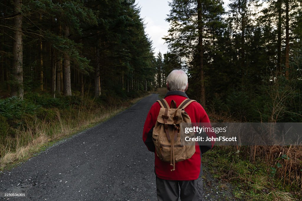 Senior man standing on a dirt road in a forest