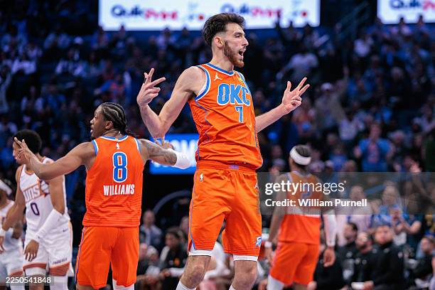 Chet Holmgren of the Oklahoma City Thunder reacts to a three-point basket during the second half of the Emirates NBA Cup - Quarterfinals game against...