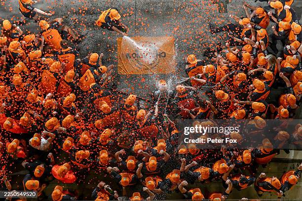 World Drivers Champion Lando Norris of Great Britain and McLaren and the McLaren team celebrate during the F1 Grand Prix of Abu Dhabi at Yas Marina...