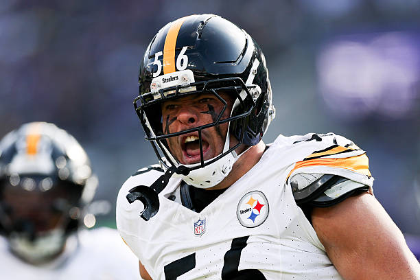 Alex Highsmith of the Pittsburgh Steelers reacts during the first quarter of a game against the Baltimore Ravens at M&T Bank Stadium on December 07,...