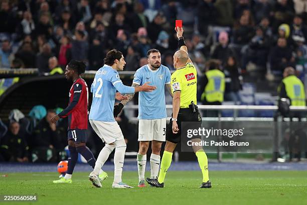 Mario Gila of Lazio is shown a red card by referee, Michael Fabbri during the Serie A match between SS Lazio and Bologna FC 1909 at Stadio Olimpico...