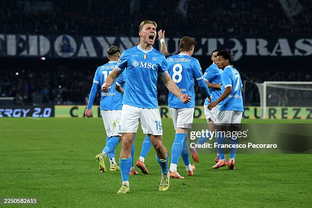 Rasmus Hojlund of SSC Napoli celebrates scoring his team's first goal during the Serie A match between SSC Napoli and Juventus FC at Stadio Diego...
