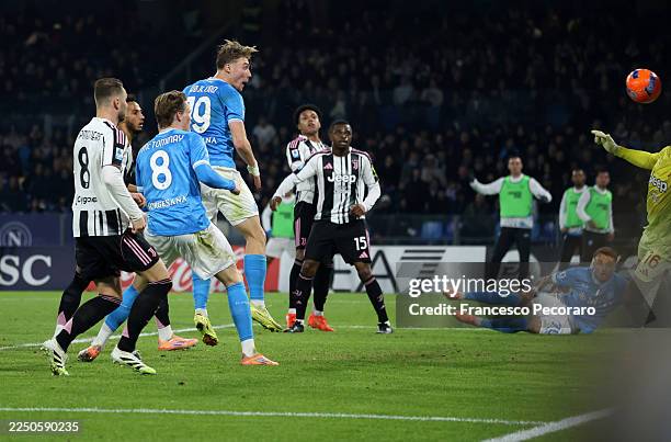 Rasmus Hojlund of SSC Napoli scores his team's second goal during the Serie A match between SSC Napoli and Juventus FC at Stadio Diego Armando...