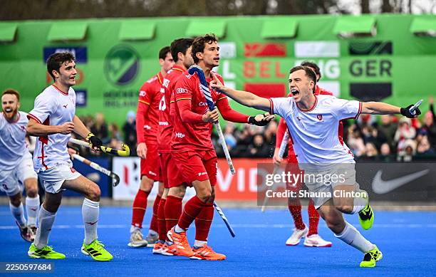 Dublin , Ireland - 11 December 2025; Jacob Payton of England celebrates scoring an equalising goal during the FIH Men's Hockey Pro League match...