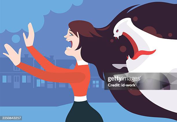 illustrazioni stock, clip art, cartoni animati e icone di tendenza di donna che urla mentre un fantasma lo segue - seguire attività che richiede movimento