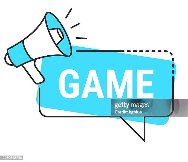 game - speech bubble and megaphone on white background - round rectangle sticker stock illustrations
