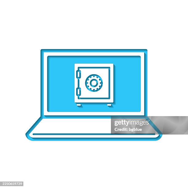 laptop with safe box. icon cut out on white paper with blue background - security vault stock illustrations