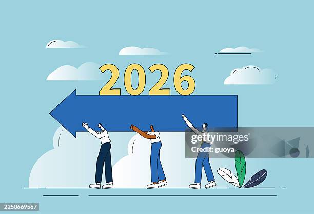 2026, blue arrow symbol, three white-collar workers. - touching shoulder stock illustrations
