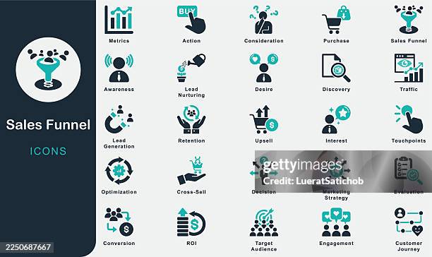 sales funnel solid icons collection.containing awareness, discovery, interest, evaluation, decision, action, purchase, lead generation, conversion, customer journey, prospecting, nurturing, engagement - lead generation stock illustrations