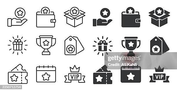 exklusive benefit-icons-sammlung. editierbarer strich. symbole der thin line und glyphen-solid-style-serie - punkten stock-grafiken, -clipart, -cartoons und -symbole