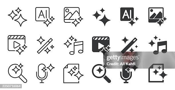 ai spark icons collection. editable stroke. thin line and glyph solid style series icons - generative art stock illustrations
