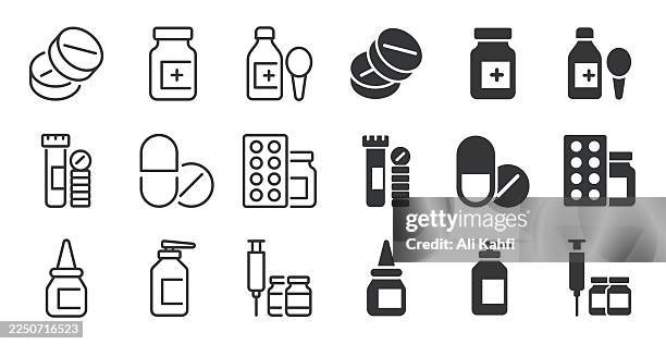 medicine icons collection. editable stroke. thin line and glyph solid style series icons - pharmaceutical factory stock illustrations