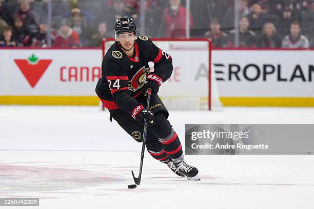 Dylan Cozens of the Ottawa Senators skates against the St. Louis Blues on December 6, 2025 at Canadian Tire Centre in Ottawa, Ontario, Canada.