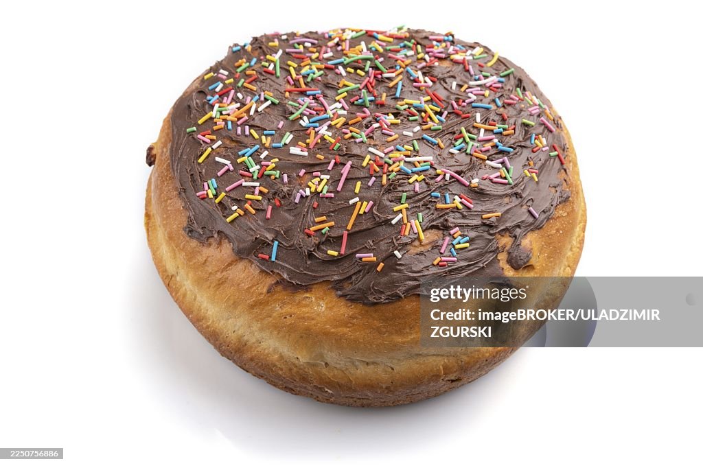 Homemade glazed and decorated chocolate easter pie isolated on a white background. Side view, close up