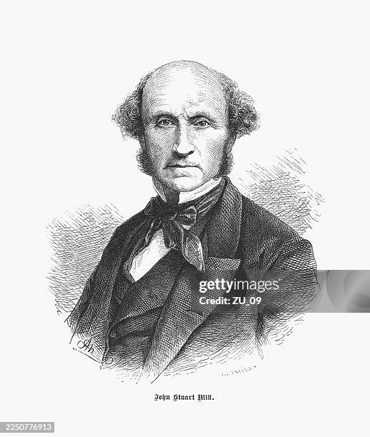 john stuart mill (1806–1873), englischer philosoph und politiker, holzschnitt, veröffentlicht 1883 - rohstoffverarbeitende fabrik stock-grafiken, -clipart, -cartoons und -symbole