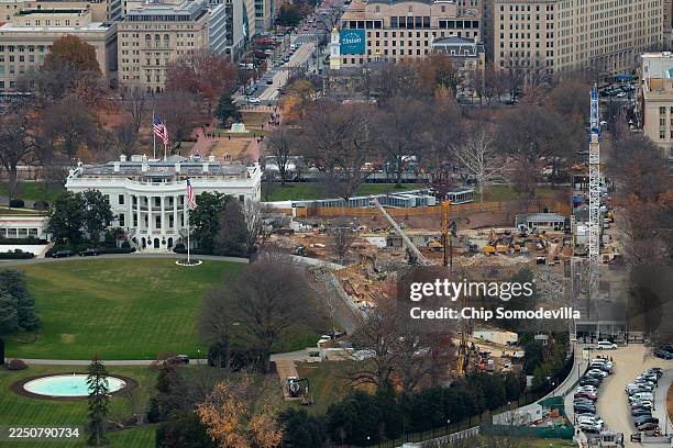 Demolition work continues where the East Wing once stood at the White House on December 08, 2025 in Washington, DC. President Donald Trump ordered...