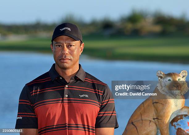 Tiger Woods of The United States the tournament host at the official presentation ceremony after the final round of the Hero World Challenge 2025 at...