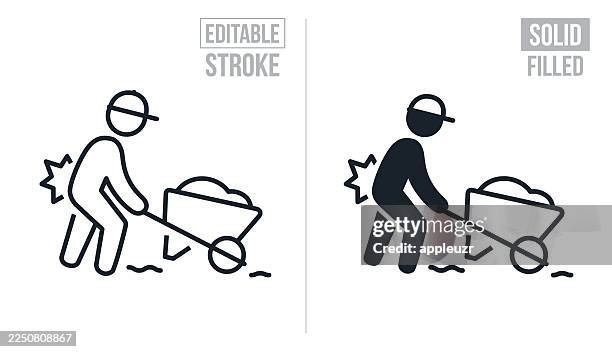 landscaper hurting his back while pushing a wheelbarrow - editable stroke and solid icons - work accident stock illustrations