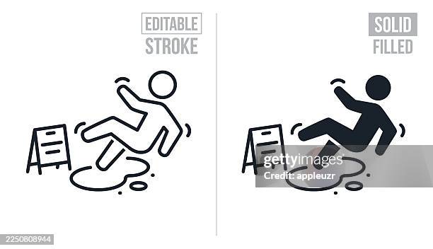 person slipping and falling on wet floor - editable stroke and solid icons - occupational safety and health icons stock illustrations