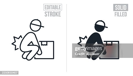 Worker Hurting His Back While Lifting A Box - Editable Stroke And Solid Icons Worker Hurting His Back While Lifting A Box - Editable Stroke And Solid Icons